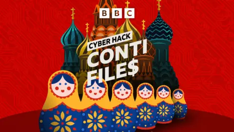 BBC A graphic showing a series of colourful Russian dolls and Russian style churches on a red background with a computer chip board motif. Words say BBC Cyber Hack Conti Files, with the s of files replaced by a dollar sign.