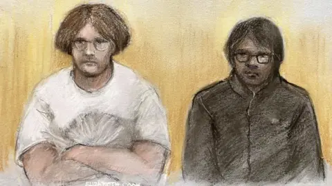 PA Court sketch of two men with long hair and glasses. One has a white tshirt on and the other is wearing a dark jacket