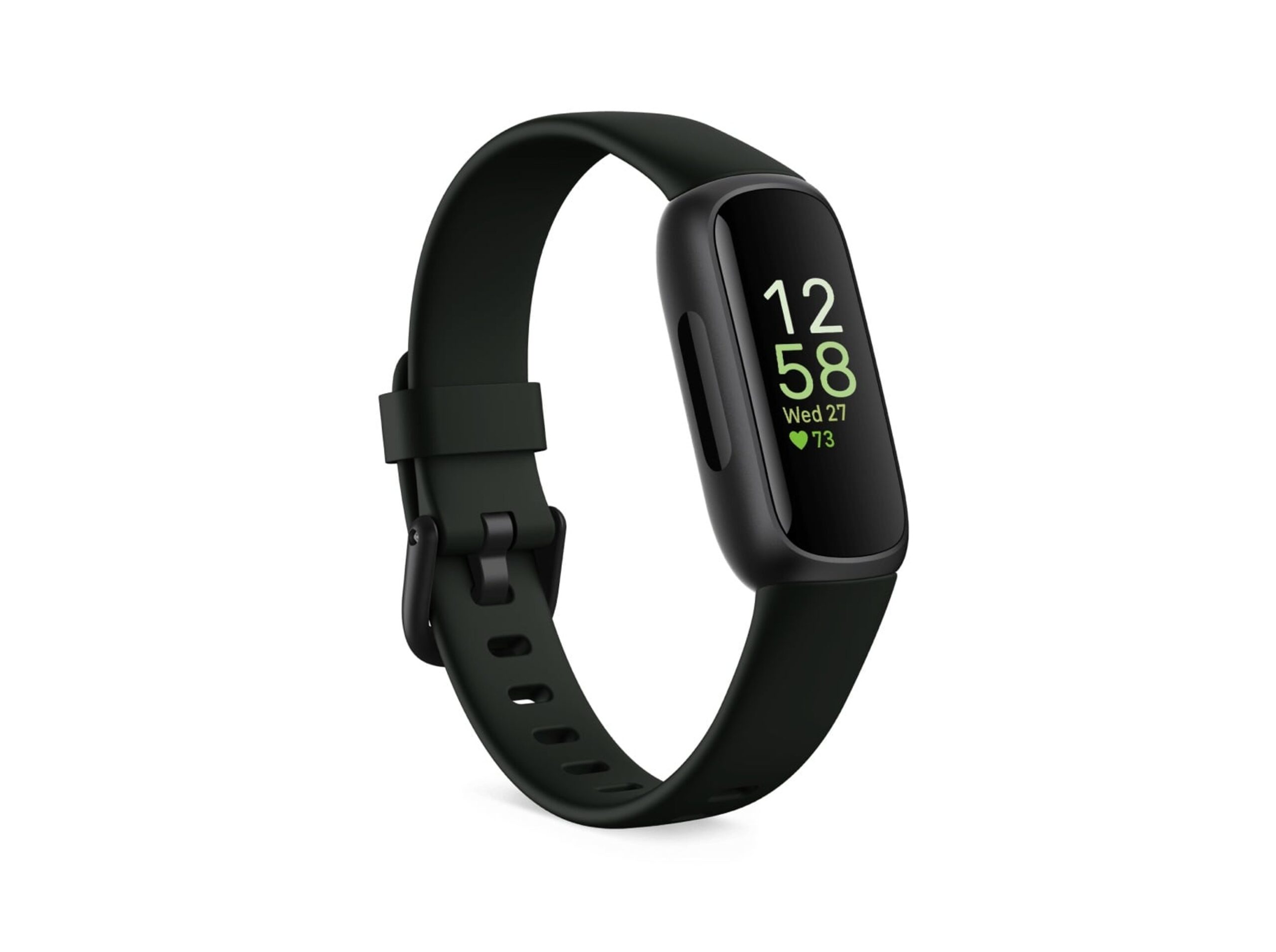A Fitbit watch shows the time and a heart rate reading
