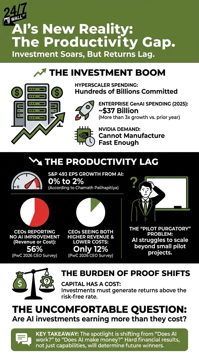 An infographic illustrating the gap between high AI investment and low productivity returns, featuring charts and icons of servers, rockets, and a businessman in 'pilot purgatory.'