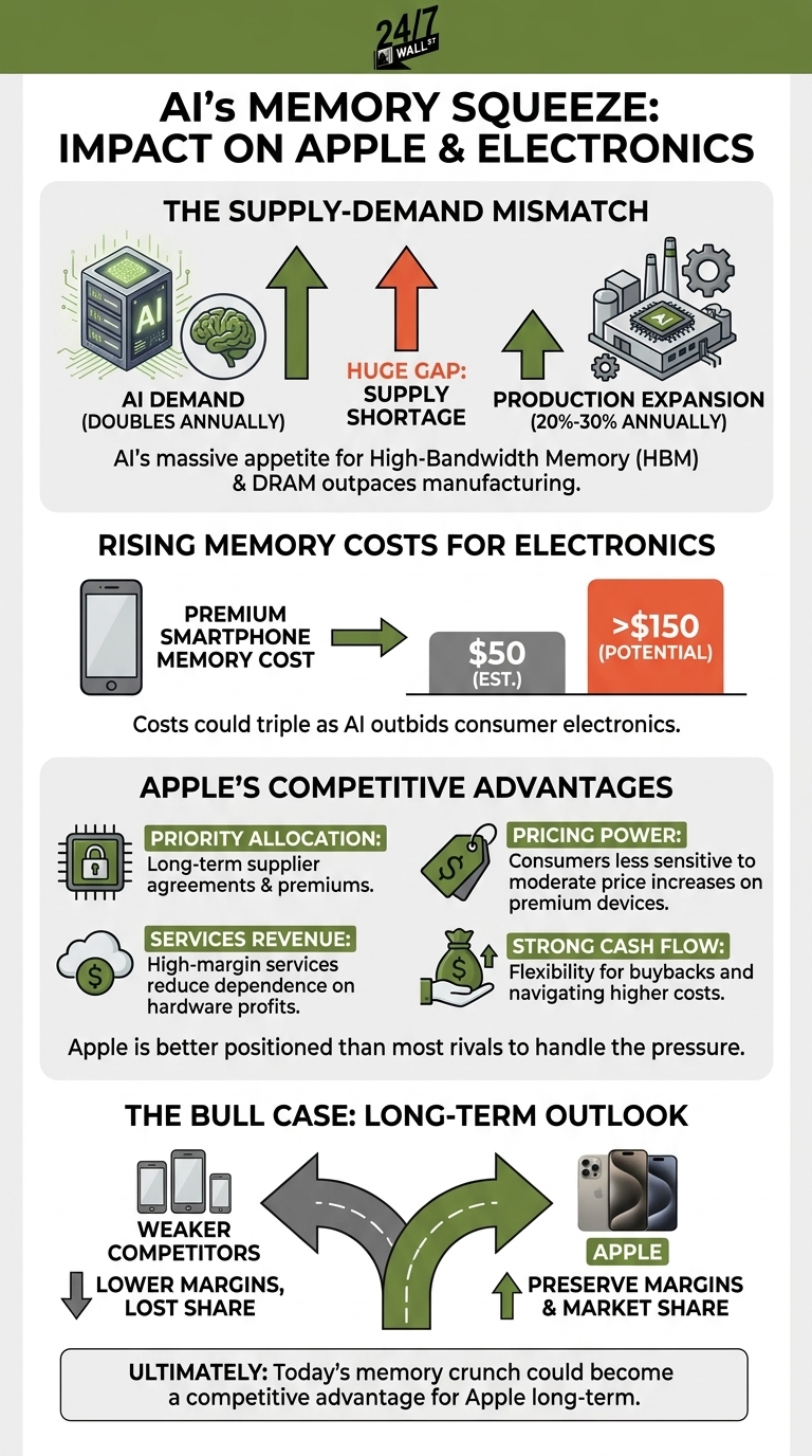 A data-rich infographic explaining how the shortage of high-bandwidth memory for AI is driving up costs for electronics and positioning Apple for a competitive advantage.