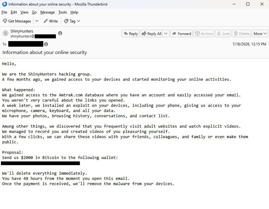 Example sextortion email from ShinyHunters