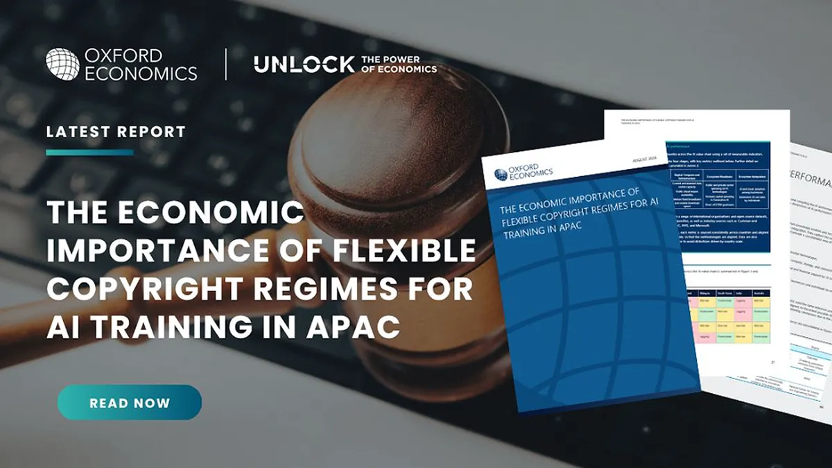 Text "THE ECONOMIC IMPORTANCE OF FLEXIBLE COPYRIGHT REGIMES FOR AI TRAINING IN APAC"  next to documents. In the background are a gavel and keyboard, and at the top are the Oxford Economics and UNLOCK The Power of Economics logos.