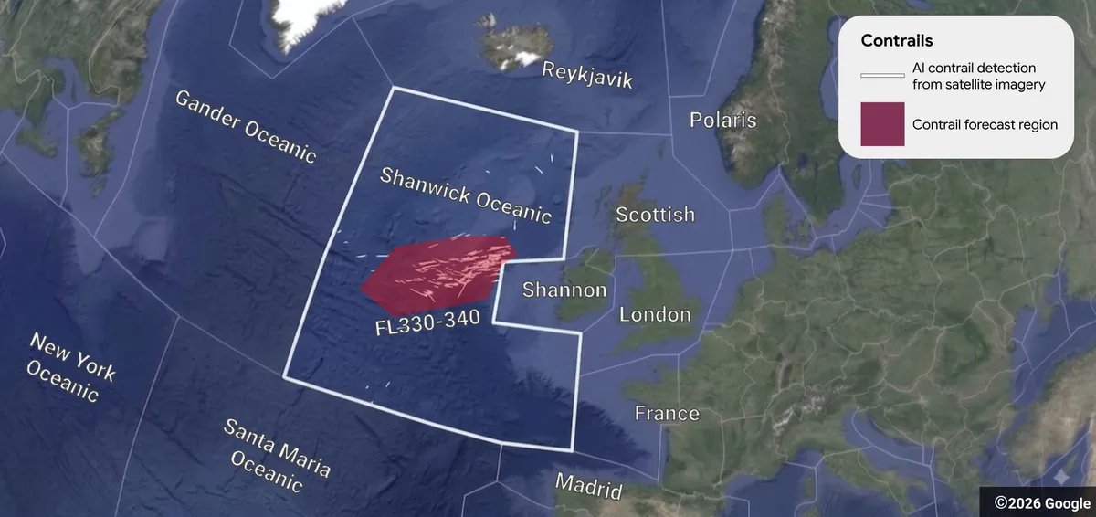 Map of North Atlantic and UK air traffic control regions, highlighting AI-enhanced satellite contrail detection and a contrail forecast area within the Shanwick Oceanic region.