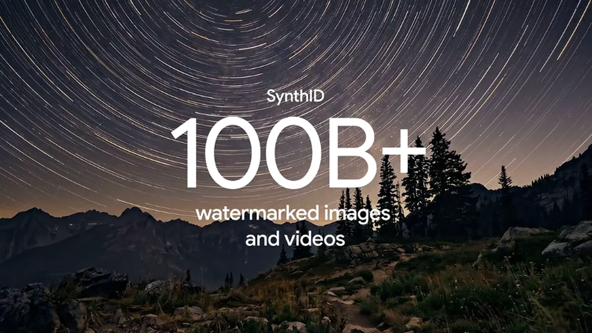 Text "SynthID 100B+ watermarked images and videos" over a timelapse photo of a forest landscape at night