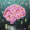 An illustration shows an illuminated, glassy pink and purple brain on a greenish background of cubes and switches, suggesting a mind influenced by technology.
