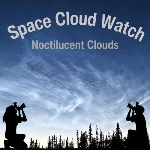 A pre-dawn or early evening scene. Two figures kneel, one on each side, pointing cameras up at the sky, which is filled with wave-like noctilucent clouds shining bright against a dark blue sky. Framing the sky from below is a dark of silhouetted trees, and above, the text "Space Cloud Watch Noctilucent Clouds."