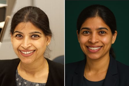 Meena Jha (left) and an AI avatar in her likeness named Neena Chatbot (right)